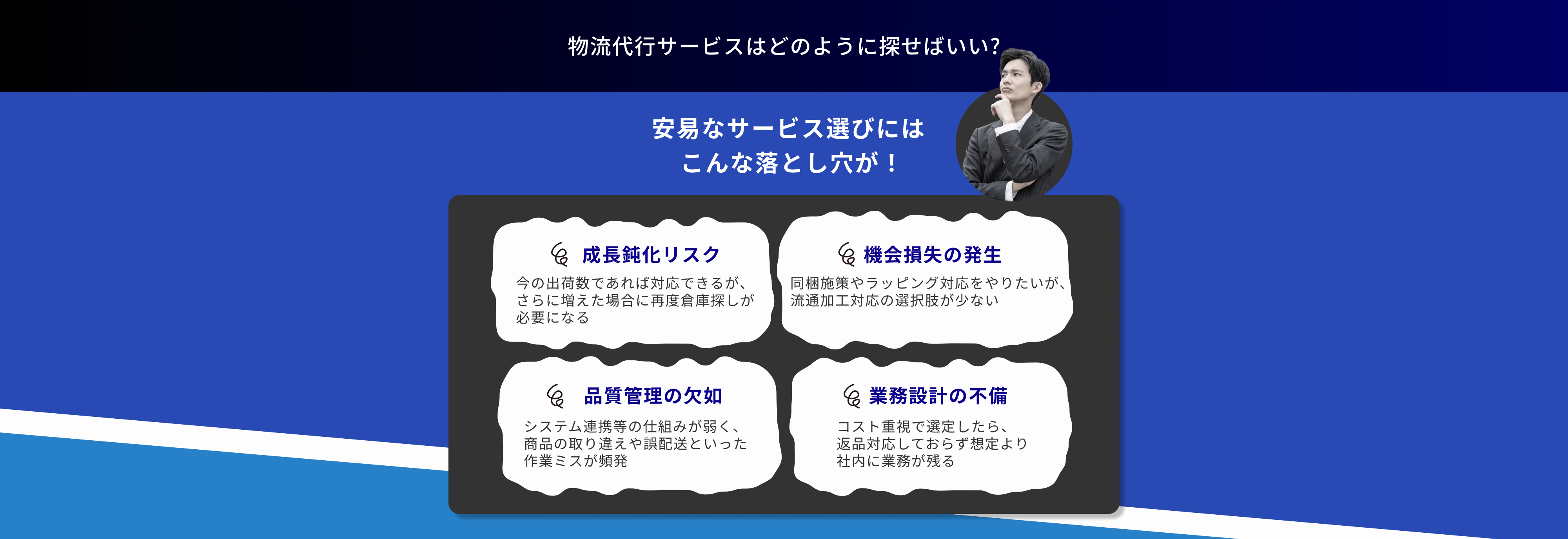 物流代行サービスはどのように探せばいい?安易なサービス選びにはこんな落とし穴が！成長鈍化リスク、今の出荷数であれば対応できるが、さらに増えた場合に再度倉庫探しが必要になる。機会損失の発生、特殊梱包やラッピング対応等やりたいが、流通加工対応の選択肢がない。品質管理の欠如、システム連携の仕組みが無く、システム連携等の仕組みが弱く、商品の取り違えや誤配送といった作業ミスが頻発コスト増加。業務設計の不備。コスト重視で選定したら、返品対応しておらず想定より社内に業務が残る。