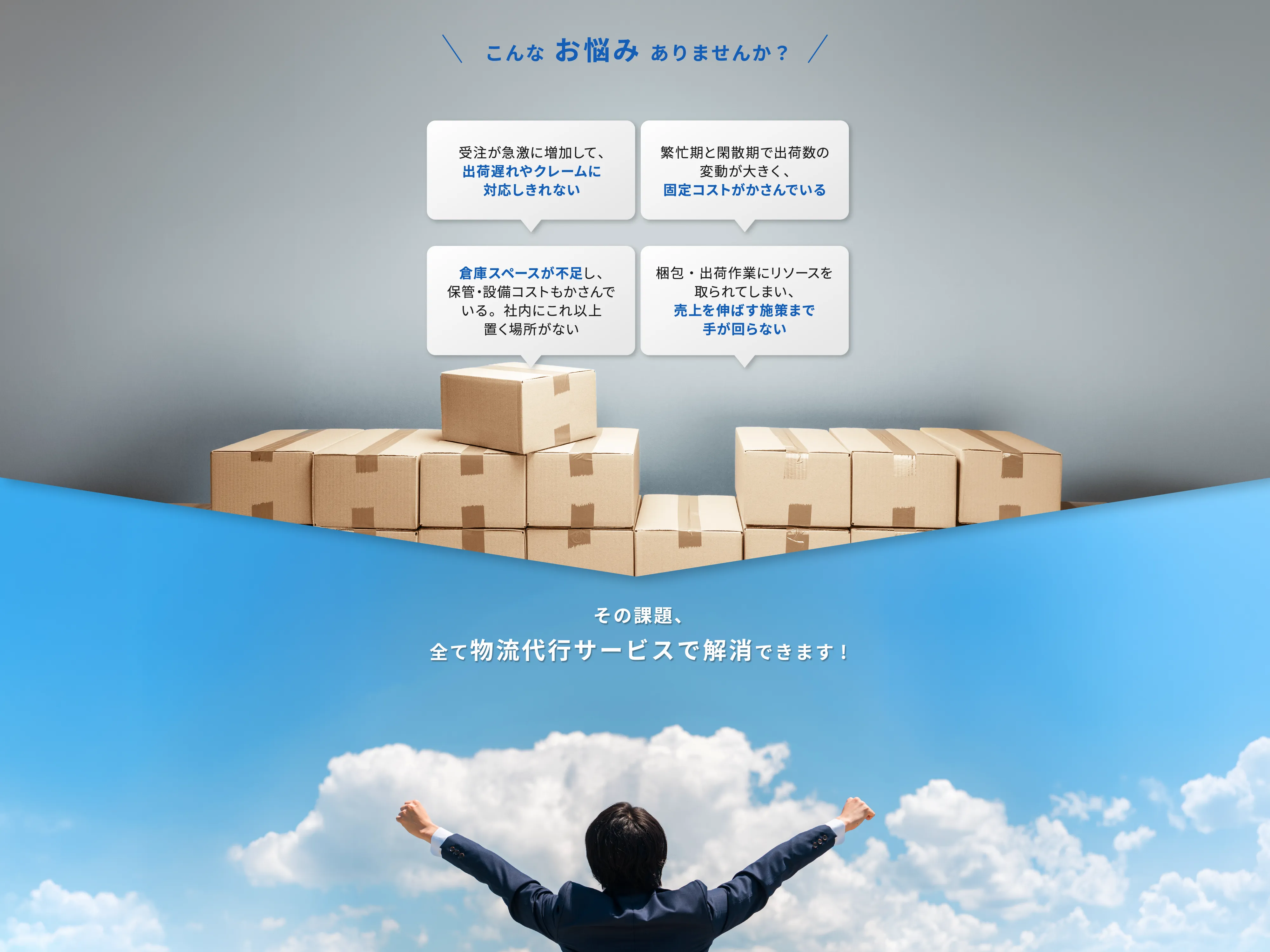 こんなお悩みありませんか？受注が急激に増加して、出荷遅れやクレームに対応しきれない。繁忙期と閑散期で出荷数の変動が大きく、固定コストがかさんでいる。倉庫スペースが不足し、保管・設備コストもかさんでいる。社内にこれ以上置く場所がない。梱包・出荷作業にリソースを取られてしまい、売上を伸ばす施策まで手が回らない。その課題、全て物流代行サービスで解消できます!